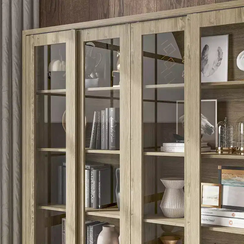 63" Rustic Oak Kitchen Pantry Cabinet – Sliding Glass Doors, 2 Large Drawers, Tall Storage Hutch