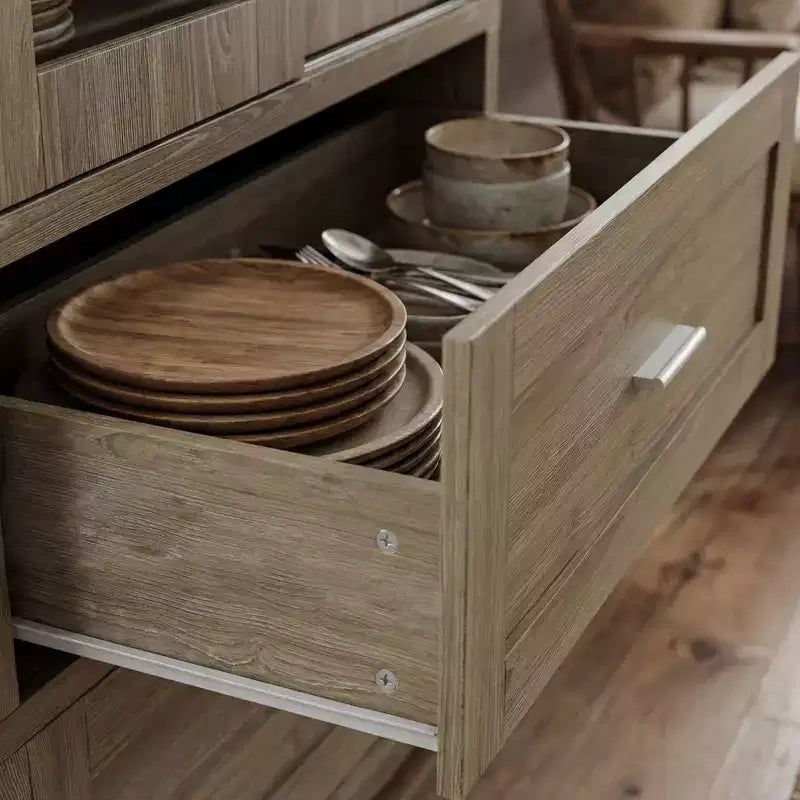 63" Rustic Oak Kitchen Pantry Cabinet – Sliding Glass Doors, 2 Large Drawers, Tall Storage Hutch