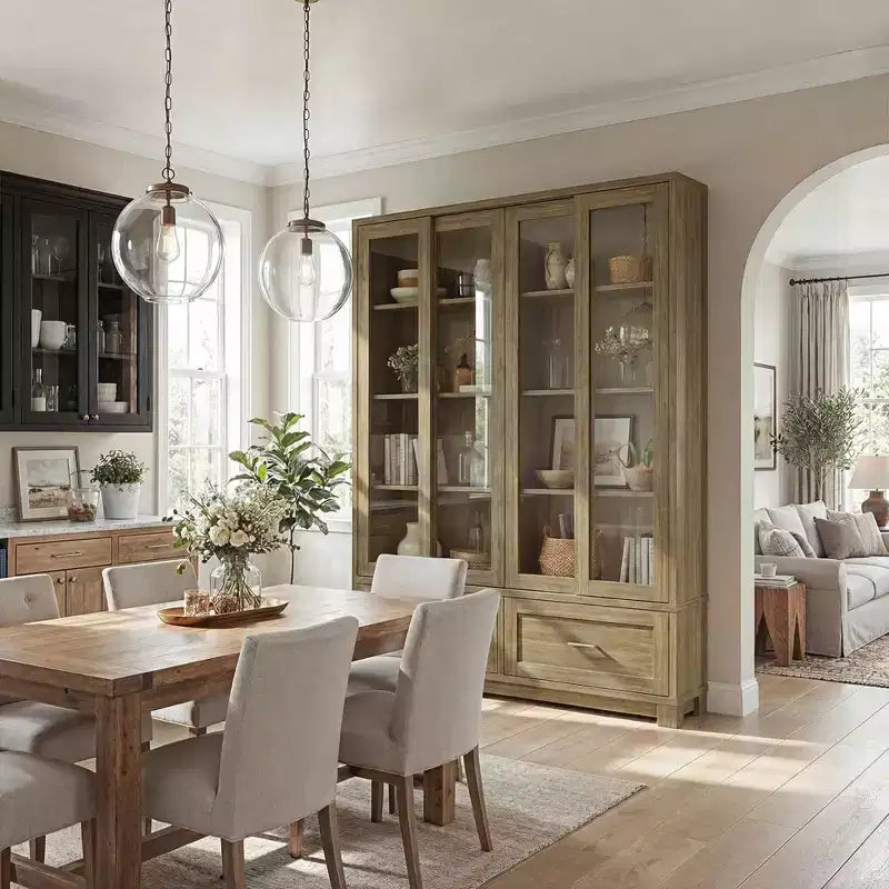 63" Rustic Oak Kitchen Pantry Cabinet – Sliding Glass Doors, 2 Large Drawers, Tall Storage Hutch