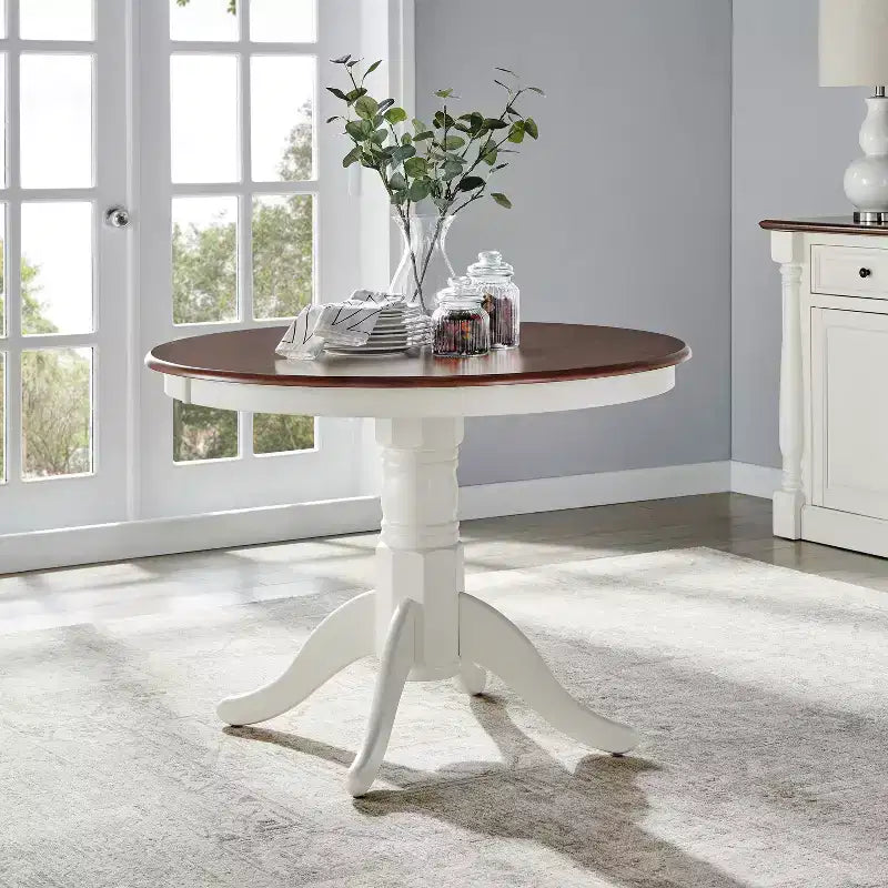 Shelby Round Dining Table – Distressed White Finish