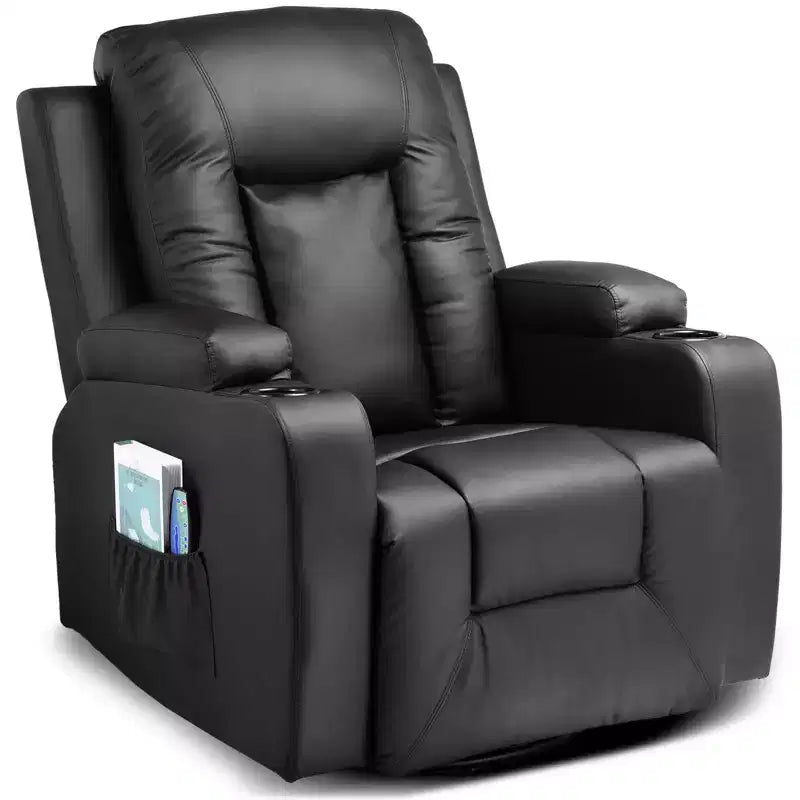 Side Lever Recliner Chair – PU Leather Rocking Sofa with Heated Massage, Black