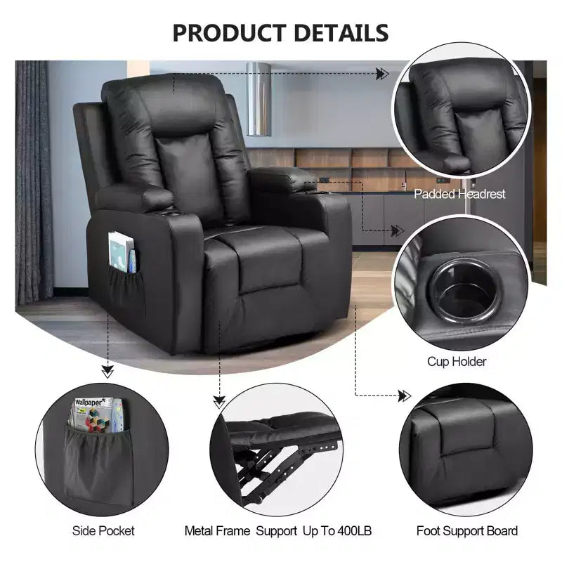 Side Lever Recliner Chair – PU Leather Rocking Sofa with Heated Massage, Black