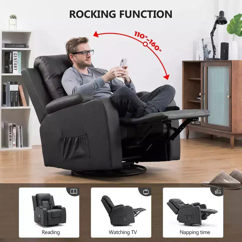 Side Lever Recliner Chair – PU Leather Rocking Sofa with Heated Massage, Black
