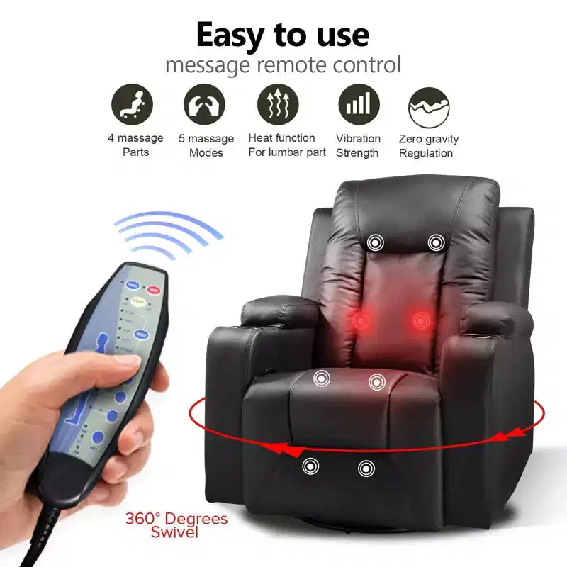 Side Lever Recliner Chair – PU Leather Rocking Sofa with Heated Massage, Black