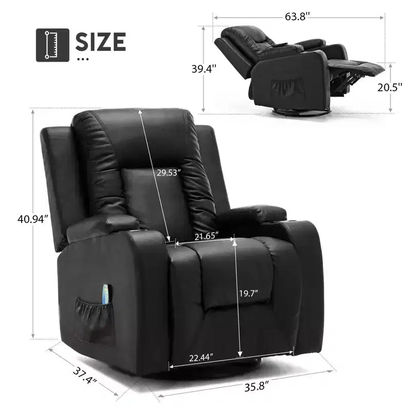 Side Lever Recliner Chair – PU Leather Rocking Sofa with Heated Massage, Black