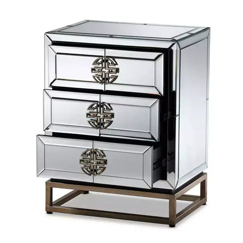 3-Drawer Mirrored Nightstand – Antique Bronze, Beveled Edges, No Assembly Required