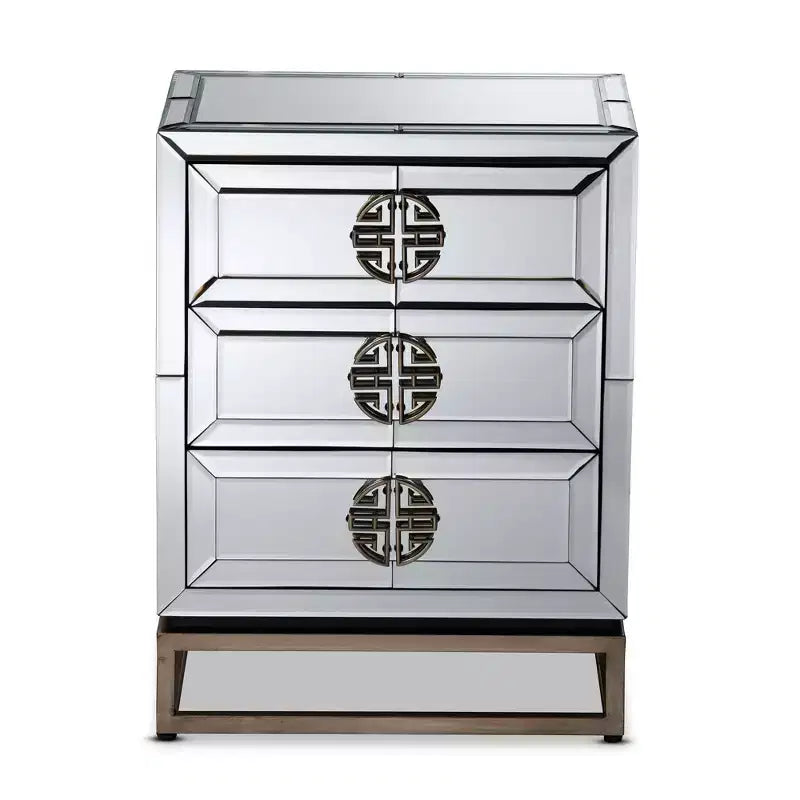3-Drawer Mirrored Nightstand – Antique Bronze, Beveled Edges, No Assembly Required