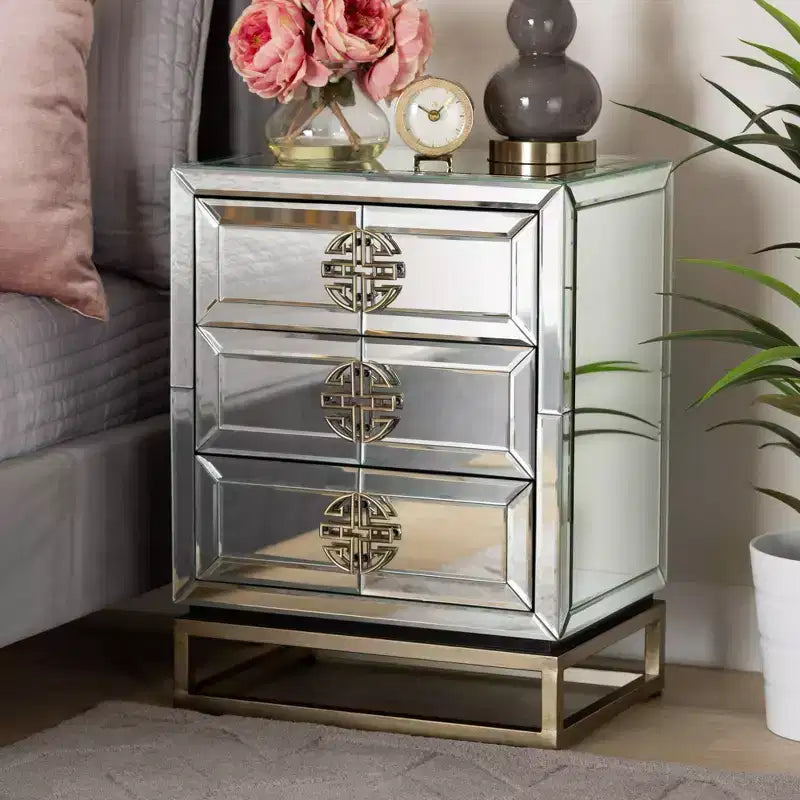 3-Drawer Mirrored Nightstand – Antique Bronze, Beveled Edges, No Assembly Required