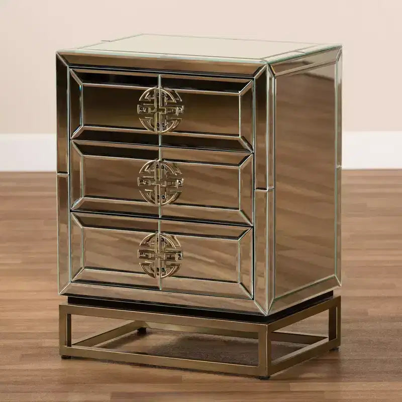 3-Drawer Mirrored Nightstand – Antique Bronze, Beveled Edges, No Assembly Required