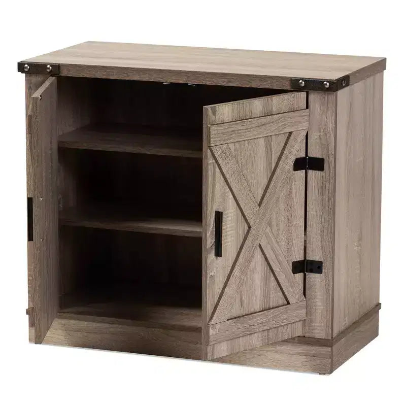 Wayne Farmhouse Wood 2-Door Shoe Storage Cabinet – Oak Brown, Holds 9 Pairs