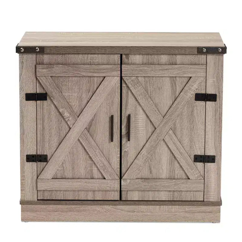 Wayne Farmhouse Wood 2-Door Shoe Storage Cabinet – Oak Brown, Holds 9 Pairs