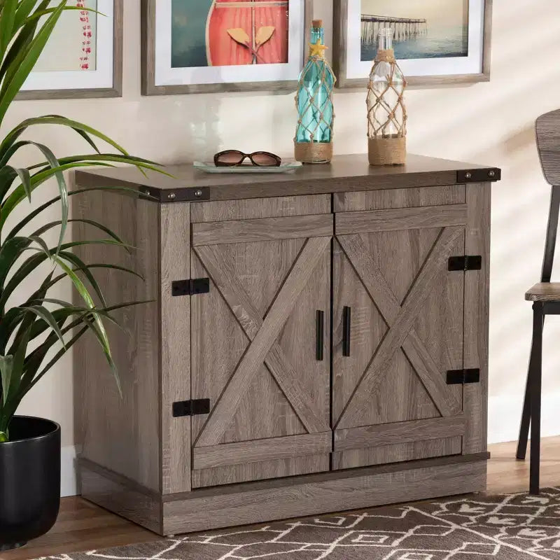 Wayne Farmhouse Wood 2-Door Shoe Storage Cabinet – Oak Brown, Holds 9 Pairs
