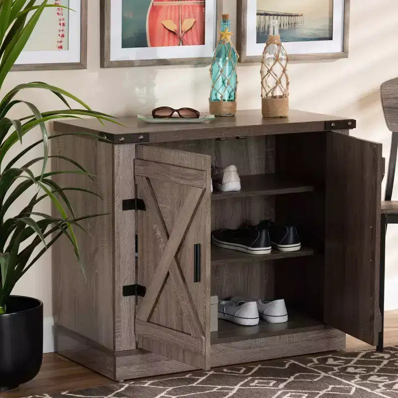 Wayne Farmhouse Wood 2-Door Shoe Storage Cabinet – Oak Brown, Holds 9 Pairs