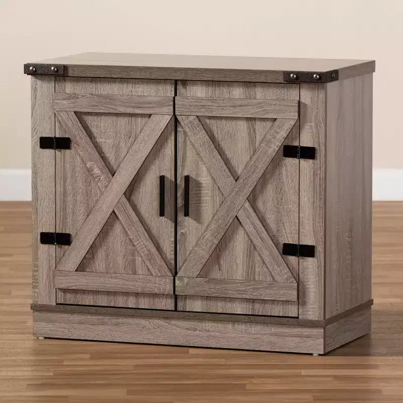 Wayne Farmhouse Wood 2-Door Shoe Storage Cabinet – Oak Brown, Holds 9 Pairs