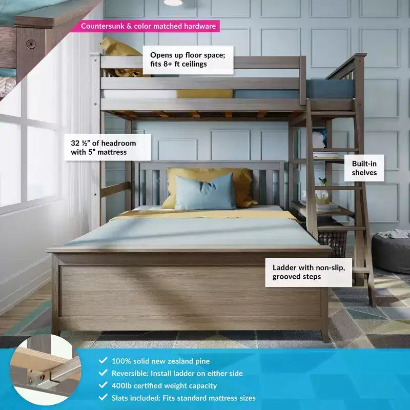 Solid Wood L-Shaped Bunk Bed – Twin over Full with Bookcase for Kids