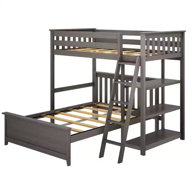Solid Wood L-Shaped Bunk Bed – Twin over Full with Bookcase for Kids