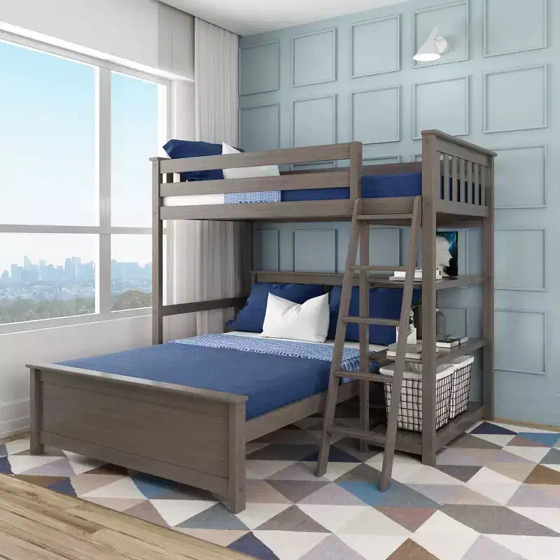 Solid Wood L-Shaped Bunk Bed – Twin over Full with Bookcase for Kids