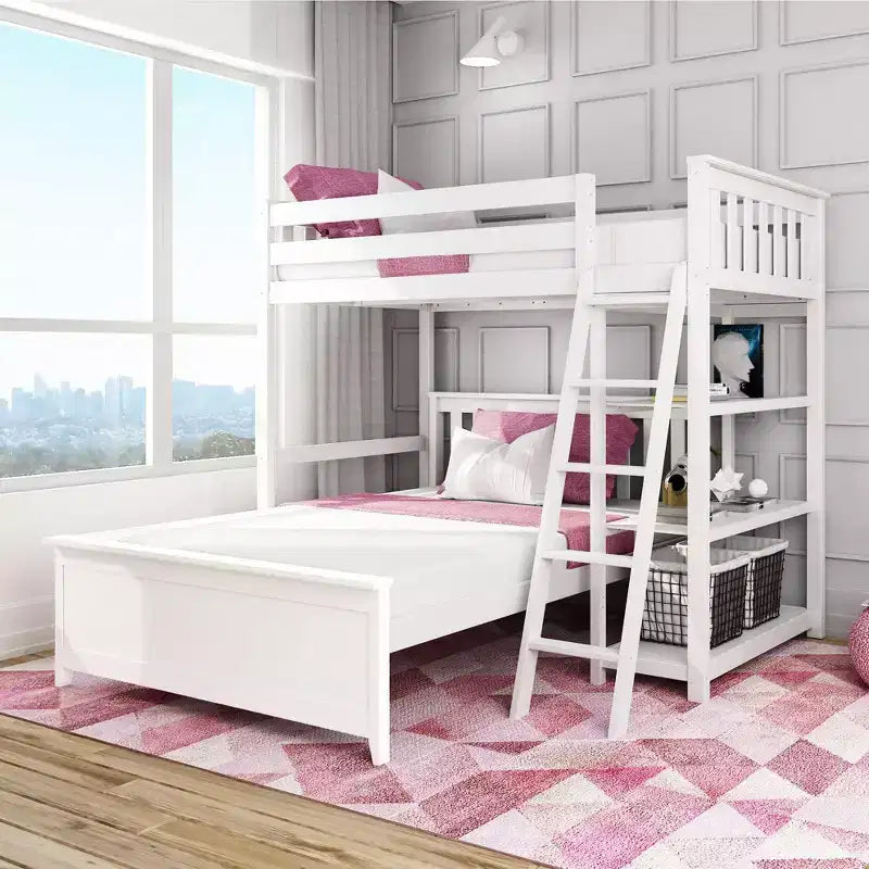Solid Wood L-Shaped Bunk Bed – Twin over Full with Bookcase for Kids
