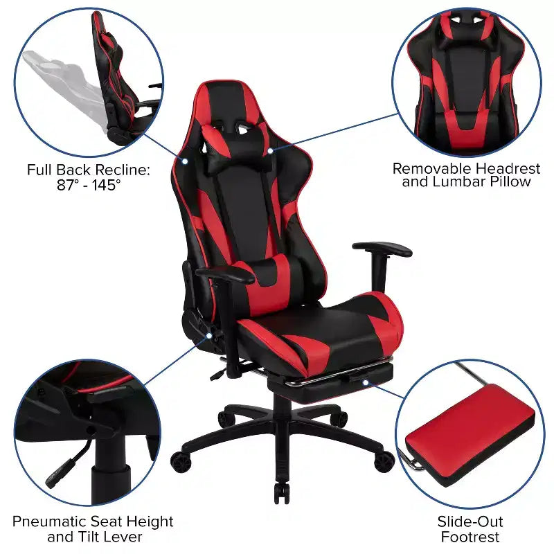 X30 Ergonomic Office Chair – Reclining Back & Slide-Out Footrest, Red LeatherSoft