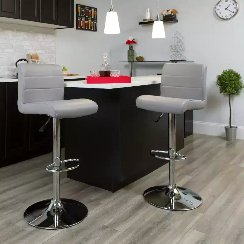 Contemporary Vinyl Adjustable Height Barstool with Rolled Seat & Chrome Base