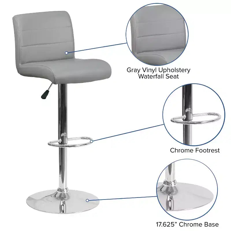 Contemporary Vinyl Adjustable Height Barstool with Rolled Seat & Chrome Base