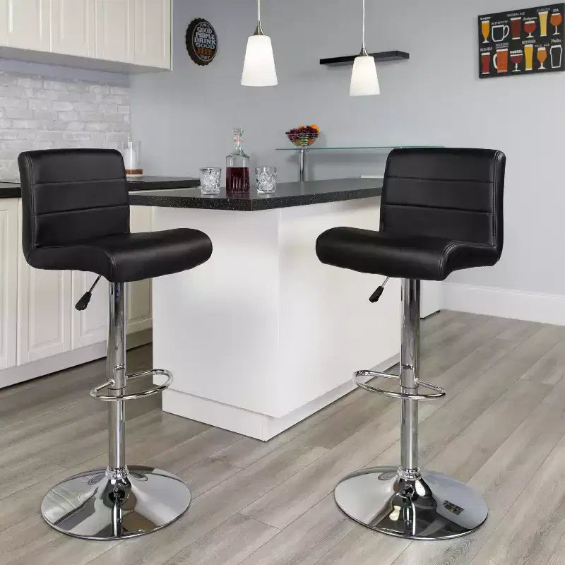 Contemporary Vinyl Adjustable Height Barstool with Rolled Seat & Chrome Base
