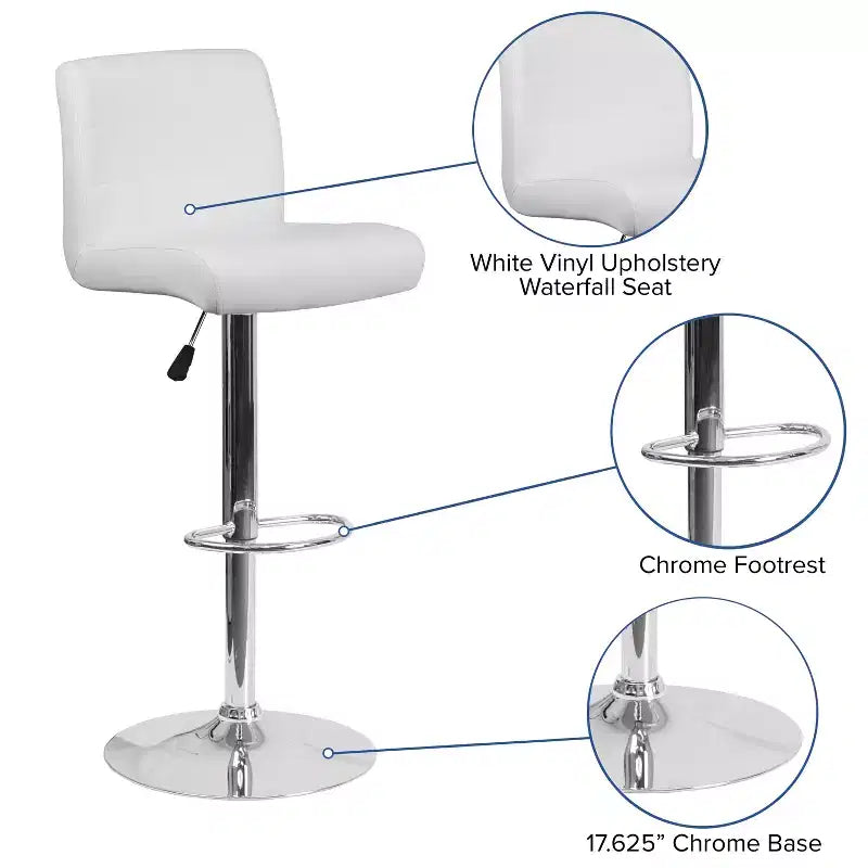 Contemporary Vinyl Adjustable Height Barstool with Rolled Seat & Chrome Base
